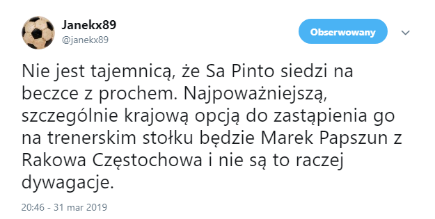 Pierwszy POWAŻNY KANDYDAT do zastąpienia Sa Pinto w Legii. POLAK